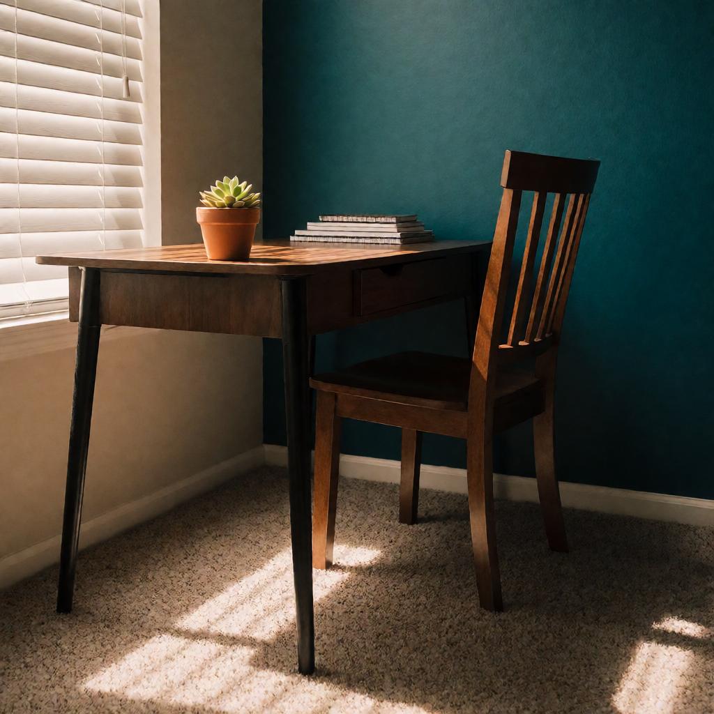 A home office desk against a deep teal accent wall, a small potted succulent on the desk, a wooden chair, a stack of notebooks, soft natural light from a window to the left, slightly off-level smartphone photo with warm tones, no people, no screens.