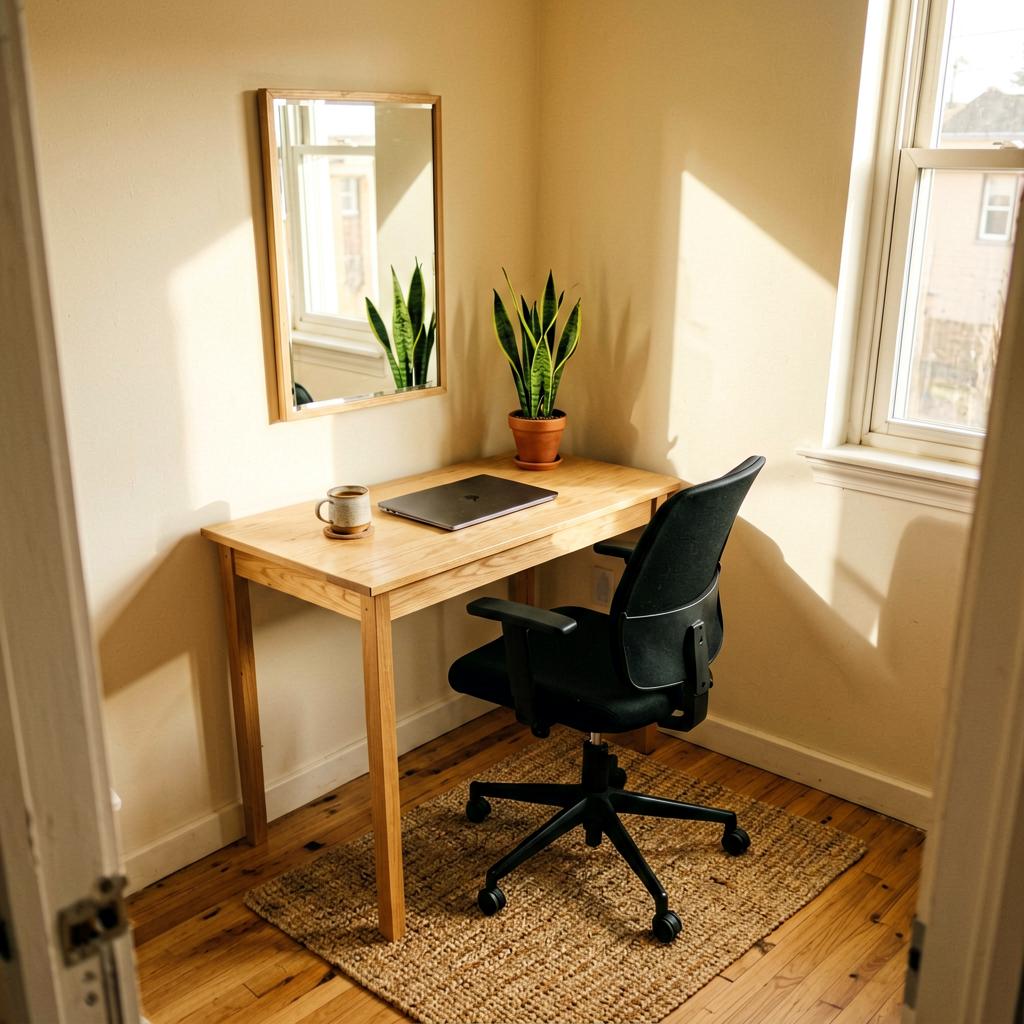 A small home office corner with a light wood desk facing the door, a black office chair, a small potted snake plant in the corner where the desk used to be, a closed laptop, a ceramic coffee mug, and a simple woven rug under the chair.