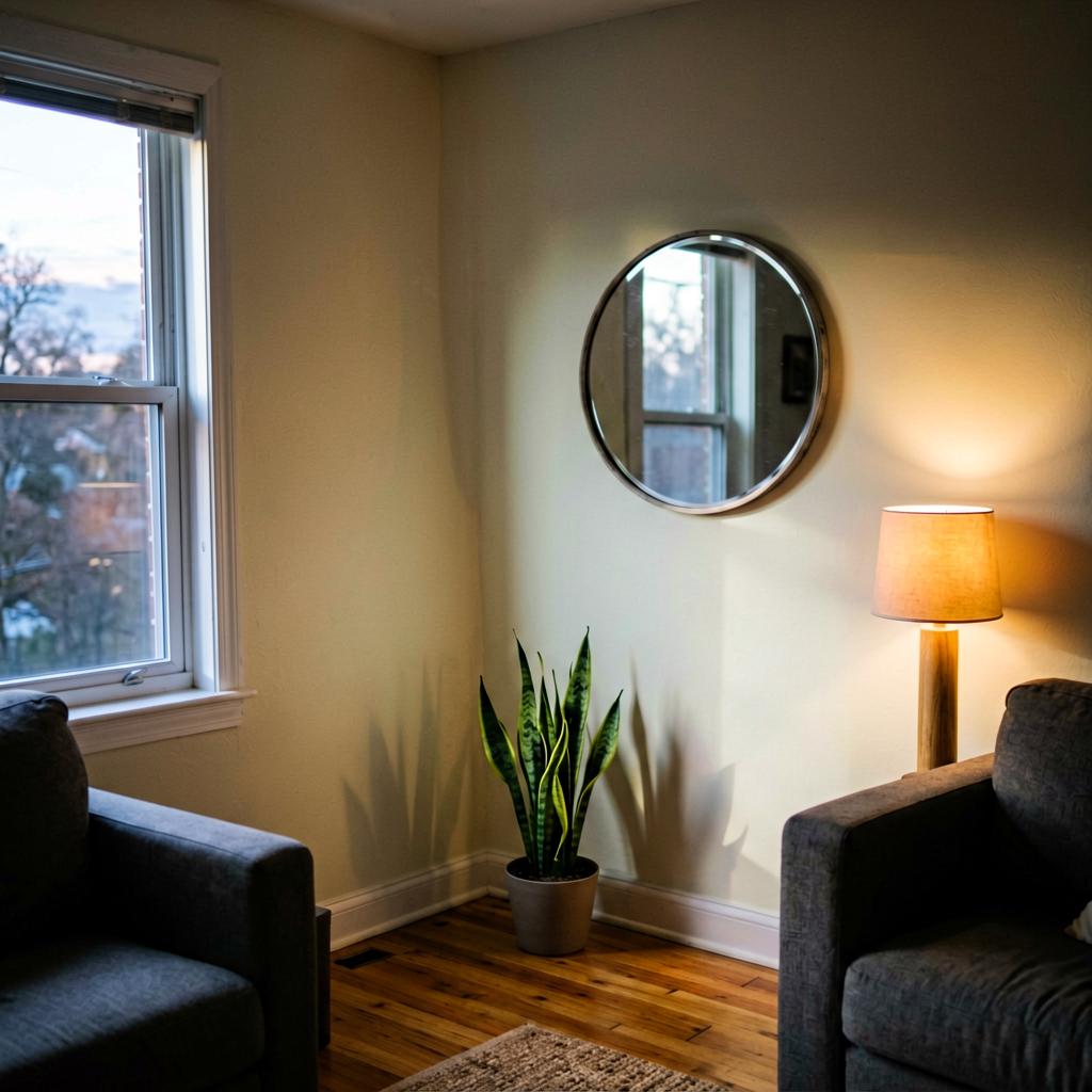 A slightly off-level smartphone photo of a living room corner. A low, round mirror hangs on a pale wall, and a small snake plant sits on the floor below it. The corner is open and uncluttered. Natural light from a nearby window casts soft shadows. A edge of a sofa is visible in the frame.