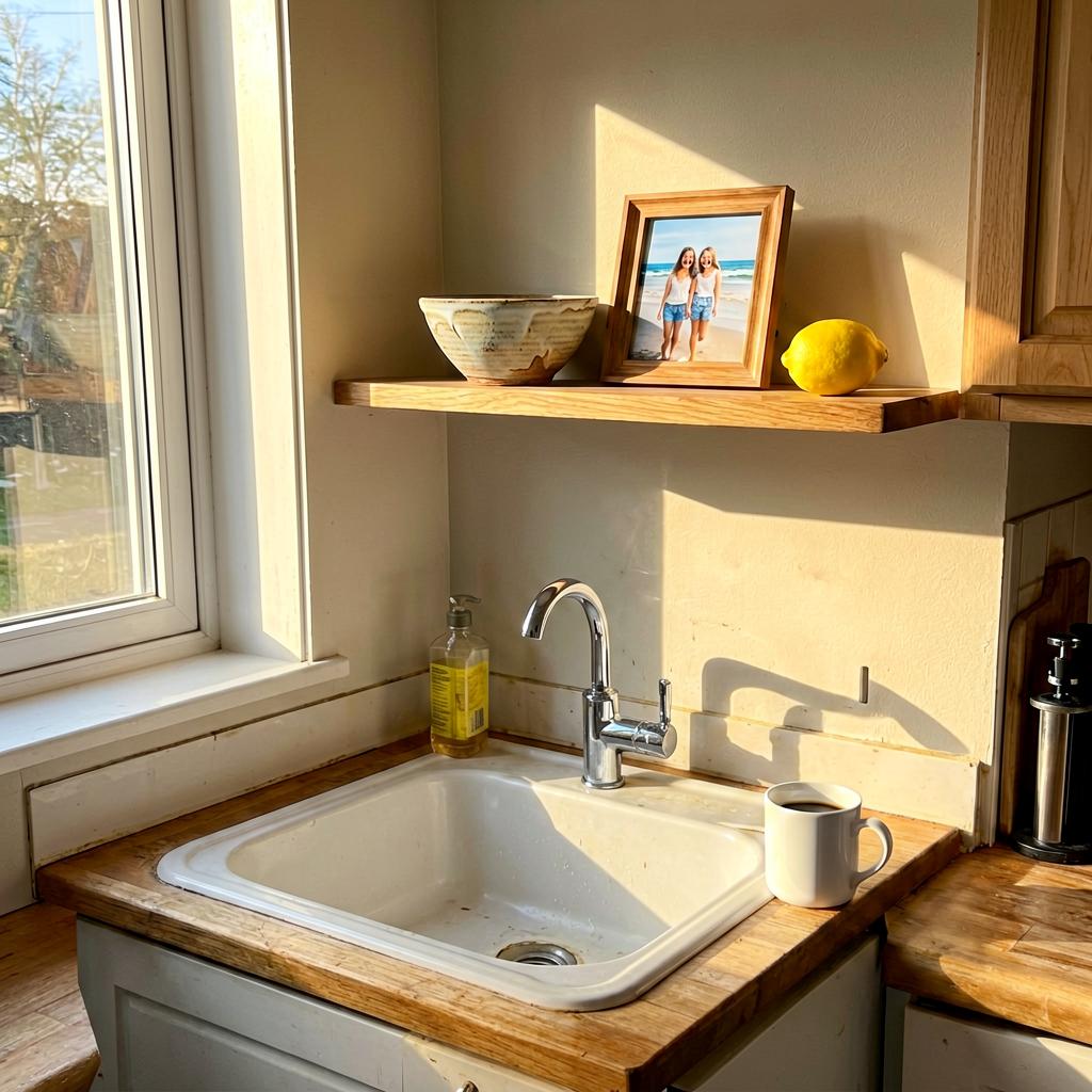 A small galley kitchen with an open wooden shelf above the sink, holding a handmade ceramic bowl, a small framed photo of two sisters at the beach, and a single lemon, with warm afternoon light from a west-facing window and a white coffee mug beside the sink