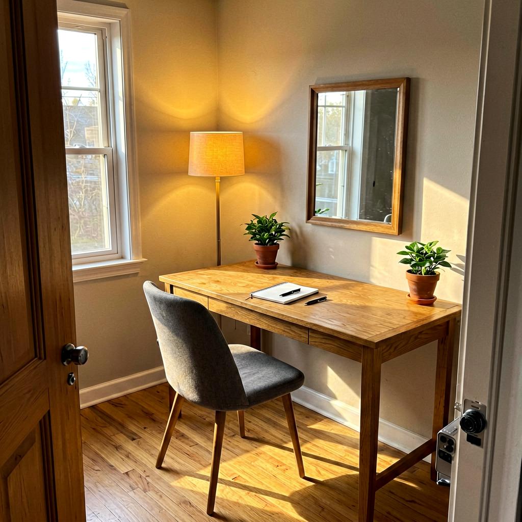 A home office with a wooden desk facing the door, a small potted plant on the corner, a floor lamp casting warm light, and a comfortable chair. The desk is clear of clutter, with a notebook and pen neatly arranged. Natural light comes from a window on the left, and the room has a neutral color palette.