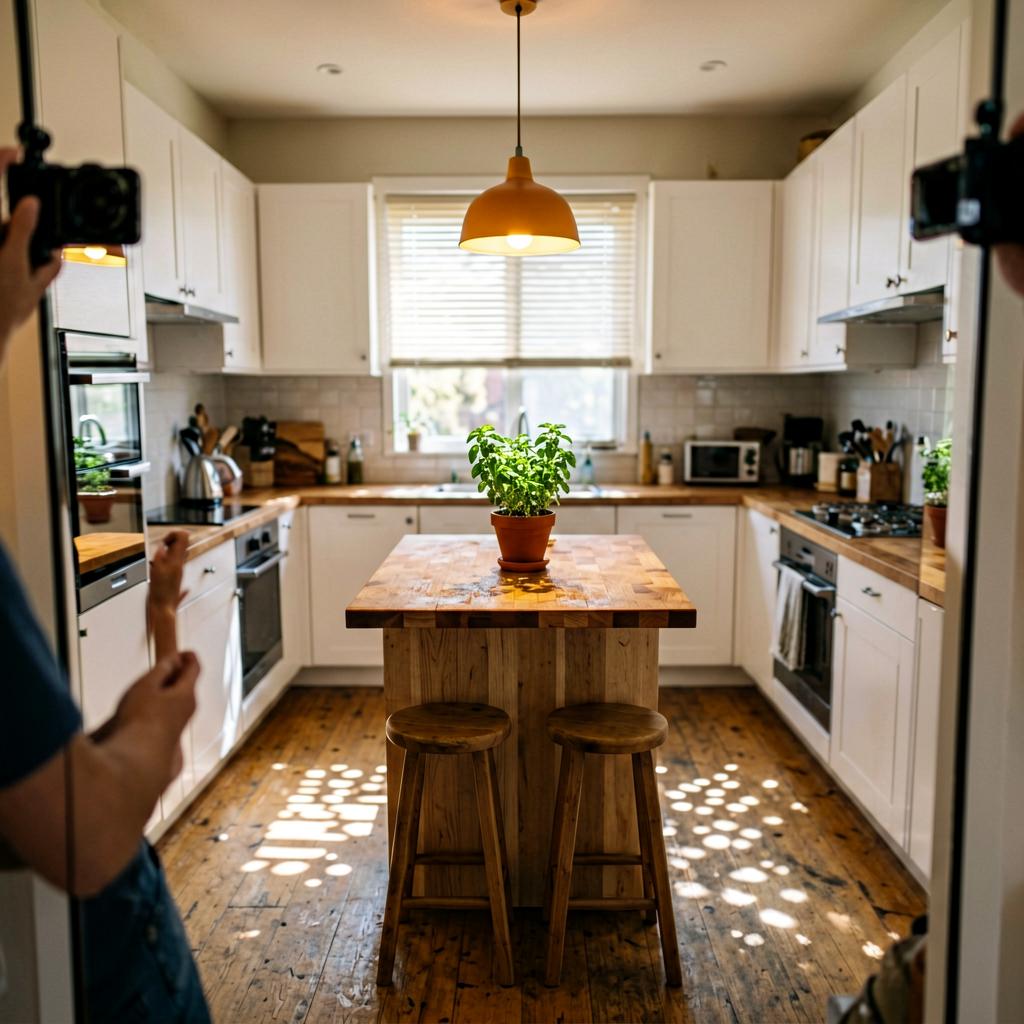 A narrow kitchen with a small wooden island in the center, butcher block top, two stools tucked underneath, white cabinets, a potted herb on the island, warm pendant light above, slightly off-level smartphone photo.