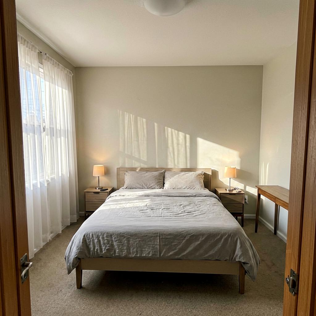 A slightly off-level smartphone photo of a modest bedroom, bed centered against a plain wall, two small nightstands with matching lamps, a slim console on the side wall, sheer curtains diffusing afternoon light, a corner of the doorframe visible at the edge of the frame, no people, no screens
