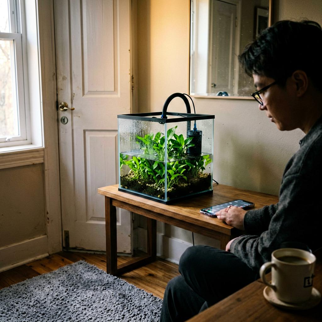A slightly grainy smartphone photo of a small glass tank with green plants on a narrow wooden console table near a white door, a black filter tube visible, some water spots on the glass, soft afternoon light from the left, a corner of a gray rug at the bottom.