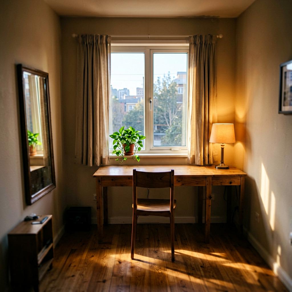 A small home office with a wooden desk facing a south-facing window, curtains pulled open, a small potted pothos on the windowsill, a simple chair, warm afternoon light casting soft shadows on the floor.