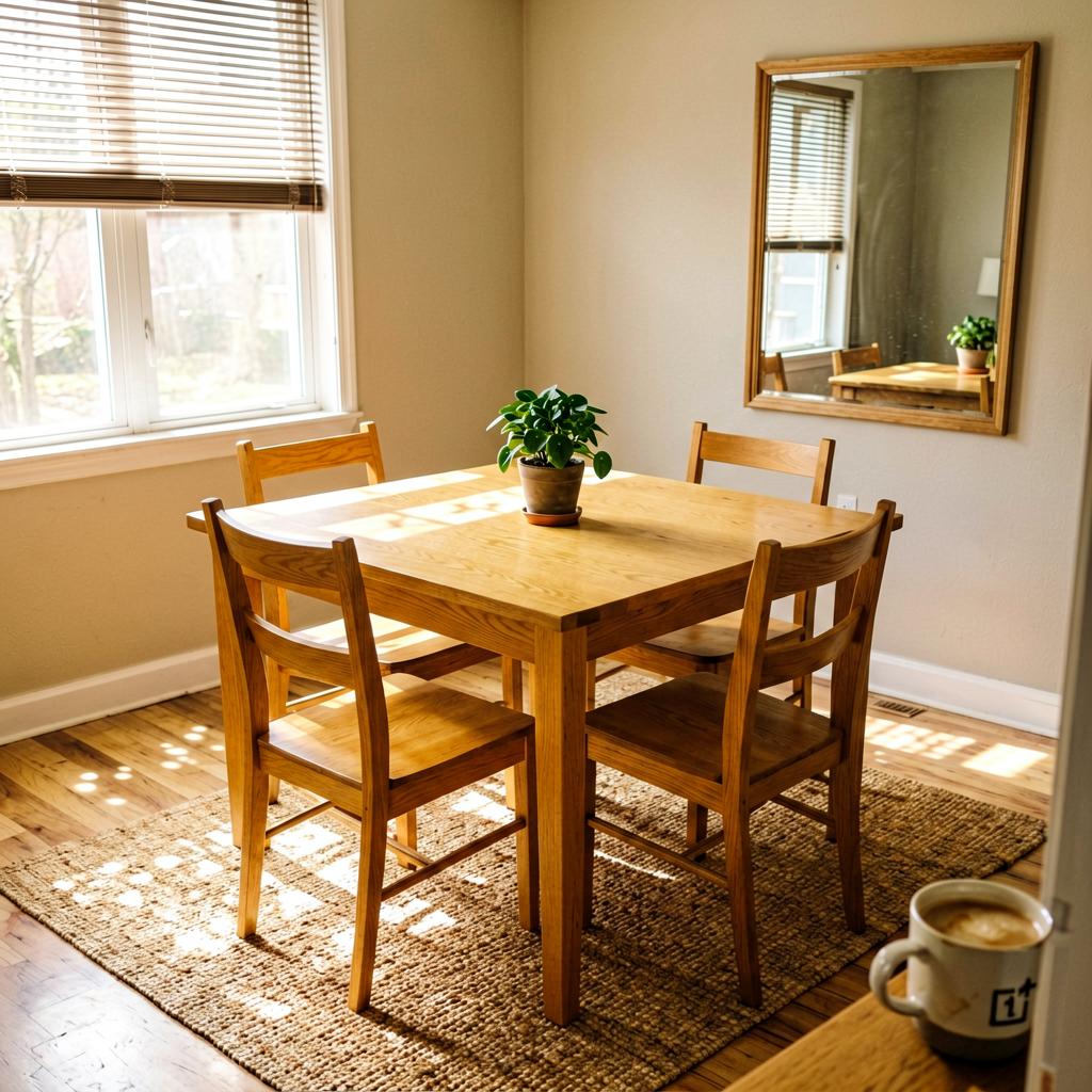 A light honey-colored solid oak dining table with four wooden chairs, a small potted plant in the center, and a woven rug underneath. Natural light from a window on the left. Slightly off-level smartphone photo with warm tones.