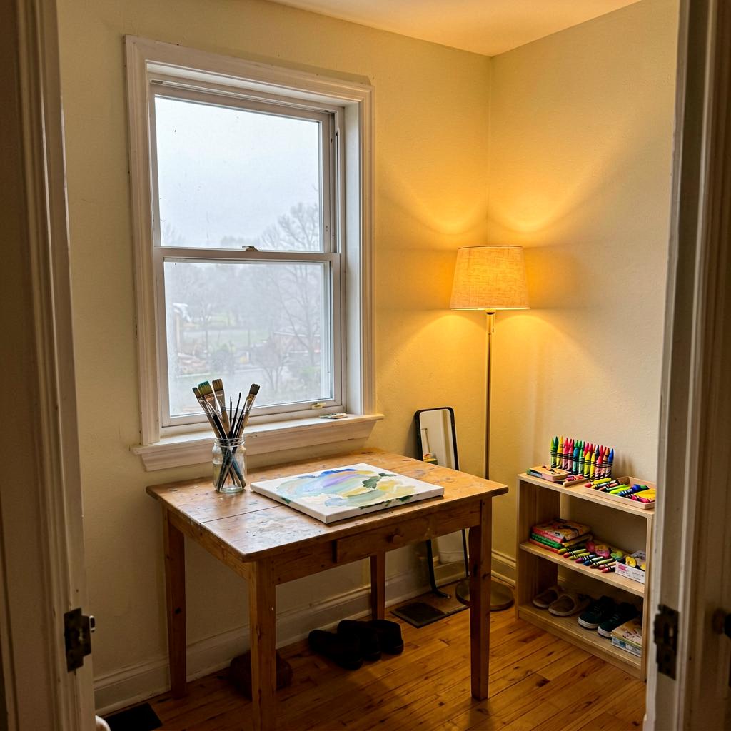 Slightly off-level smartphone photo of a small cream-painted room with a wooden table under a window, paintbrushes in a glass jar, a half-finished canvas, a low shelf with children's crayons, and a warm floor lamp in the corner, natural daylight coming through the window