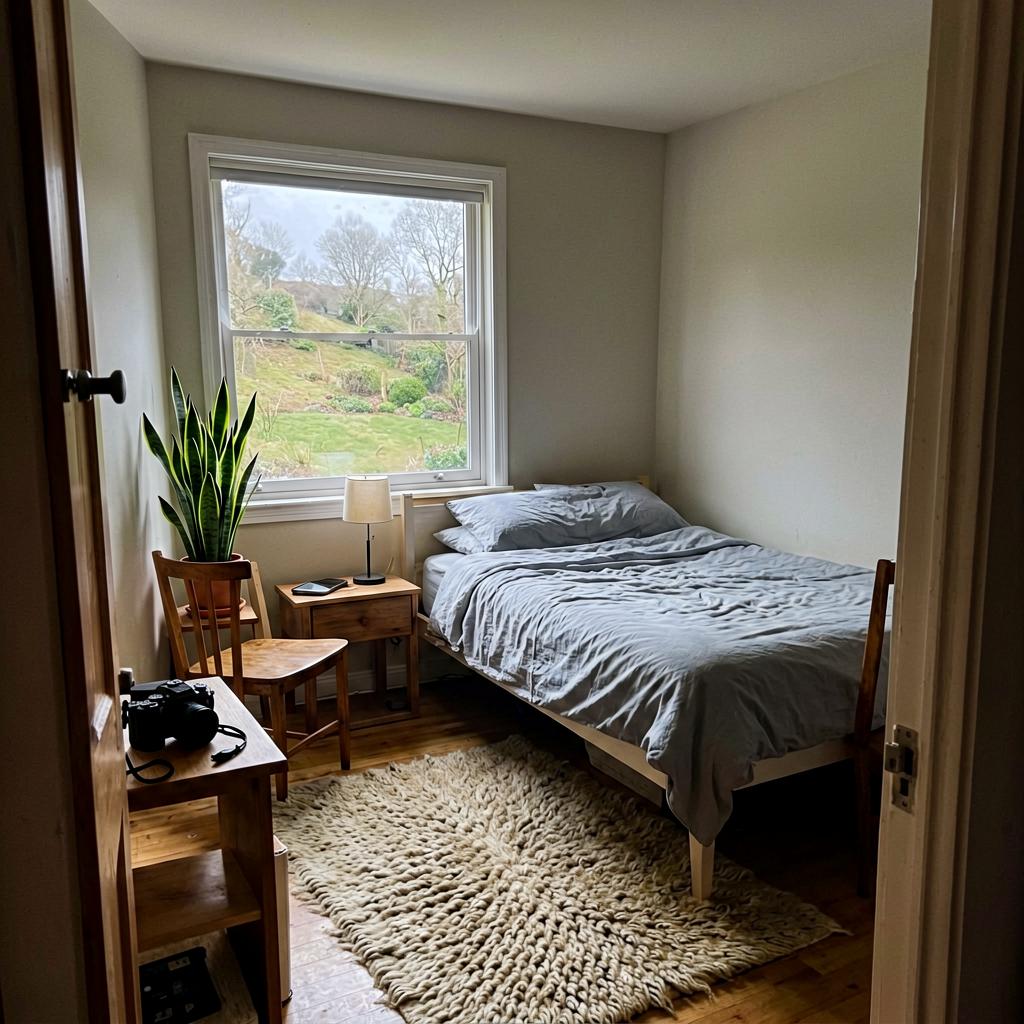 A small bedroom with a bed against the far wall, a potted snake plant on the nightstand, a simple lamp, a wool rug, and a wooden chair in the corner. The window shows a gentle garden slope with trees. Natural light, slightly off-level, smartphone photo.