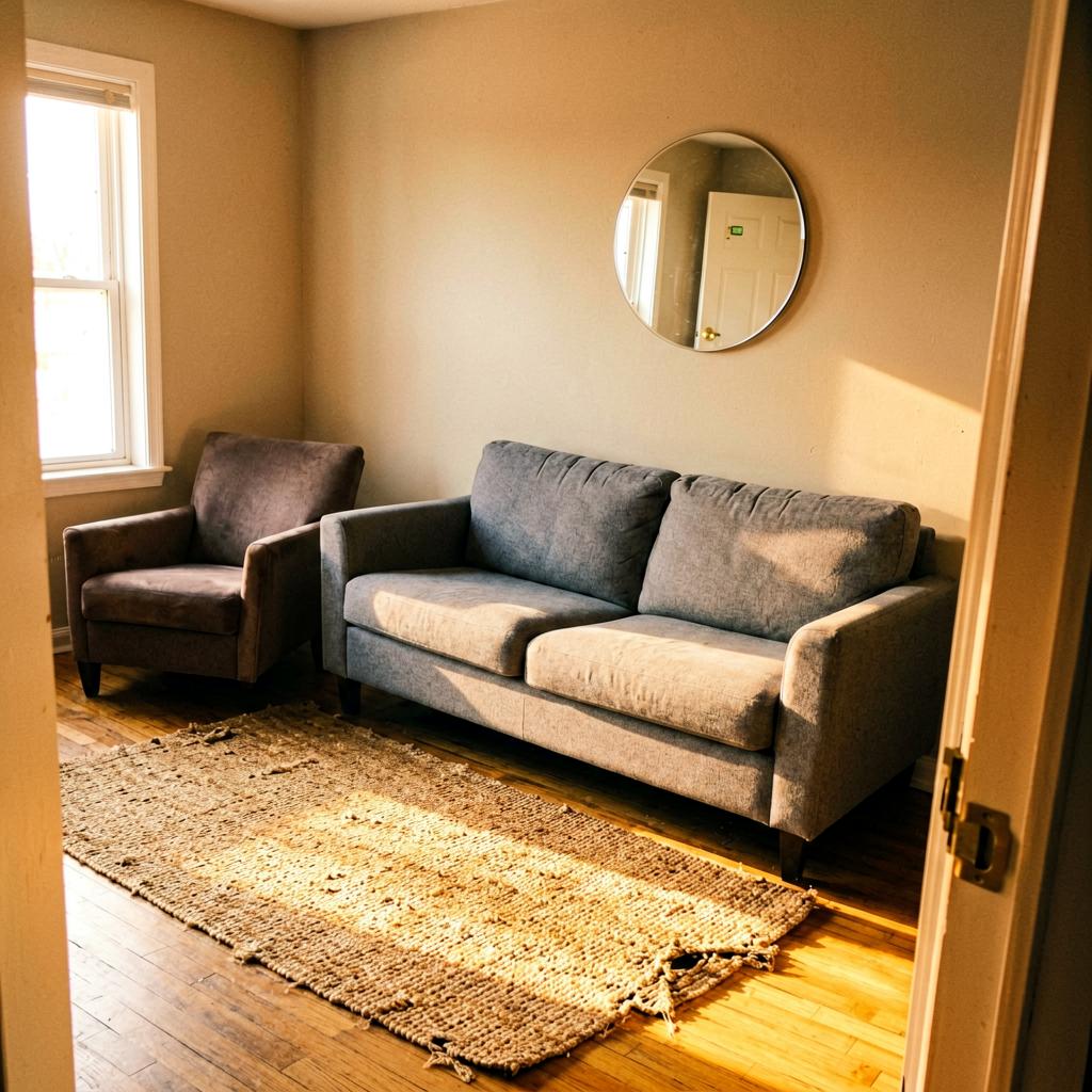 A grey two-seater sofa positioned facing a front door instead of against the wall, with an angled armchair nearby, a worn woven rug, and a small round mirror on the wall reflecting the door. Slightly warm tone, soft edges, natural light from the left, edge of a doorway visible in the lower right corner.