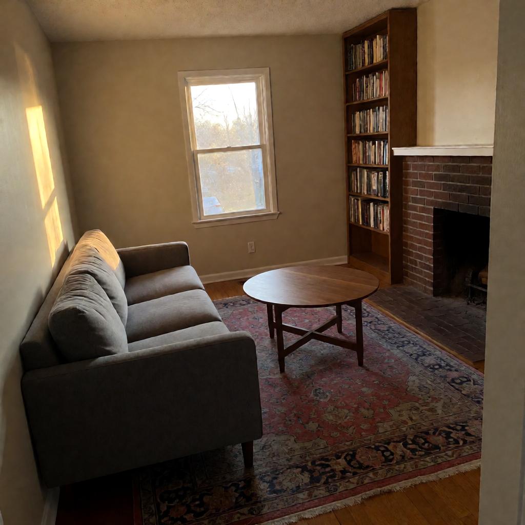 A living room with a gray sofa pulled three feet from the left wall and angled toward a brick fireplace, a tall bookshelf in the back right corner, a round wooden coffee table centered on a faded Persian rug, warm afternoon light from a single window.