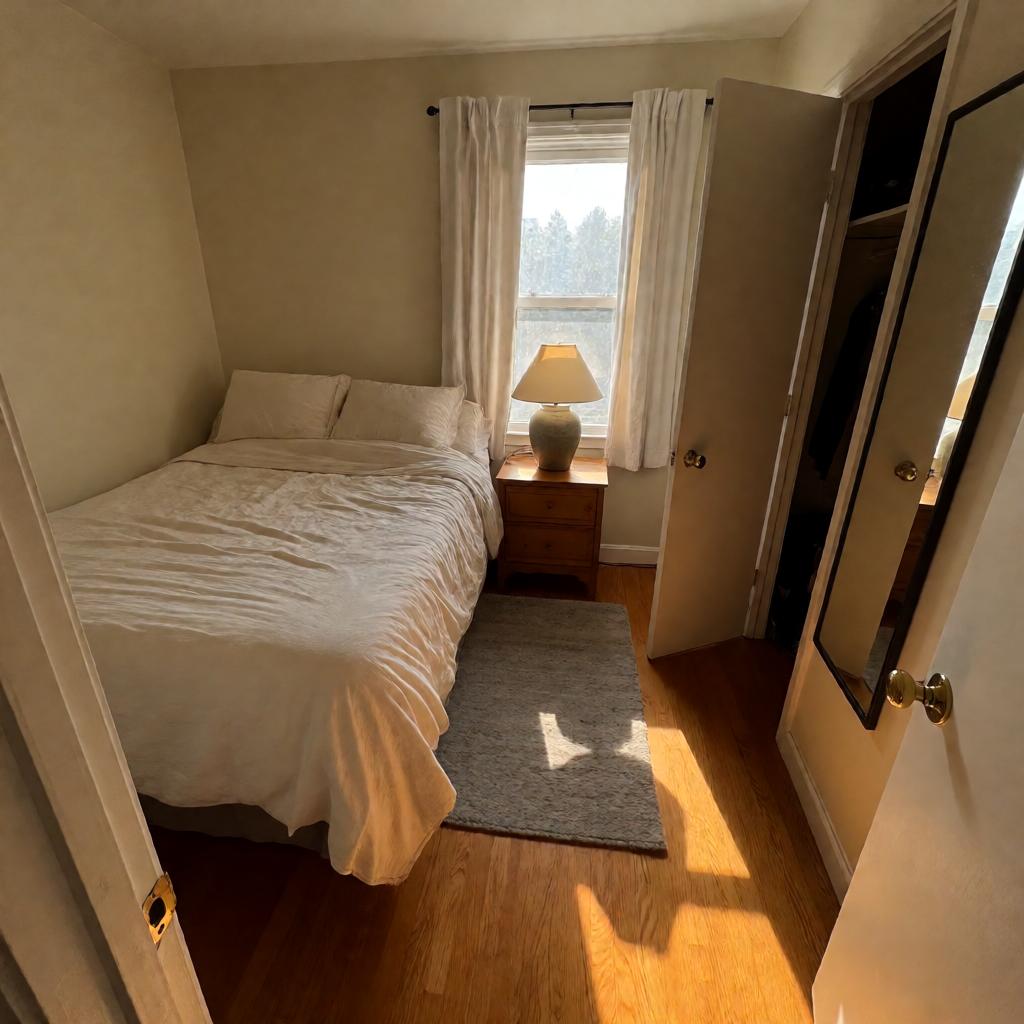 Small bedroom with a queen bed against the west wall, a wooden nightstand with a ceramic lamp, and a closet door open at a 45-degree angle showing a full-length mirror mounted inside it, reflecting nothing but the back of the closet. East-facing window with plain white curtains, morning light coming through. Hardwood floor with a small gray wool rug beside the bed. Slightly off-level phone photo, warm tone.