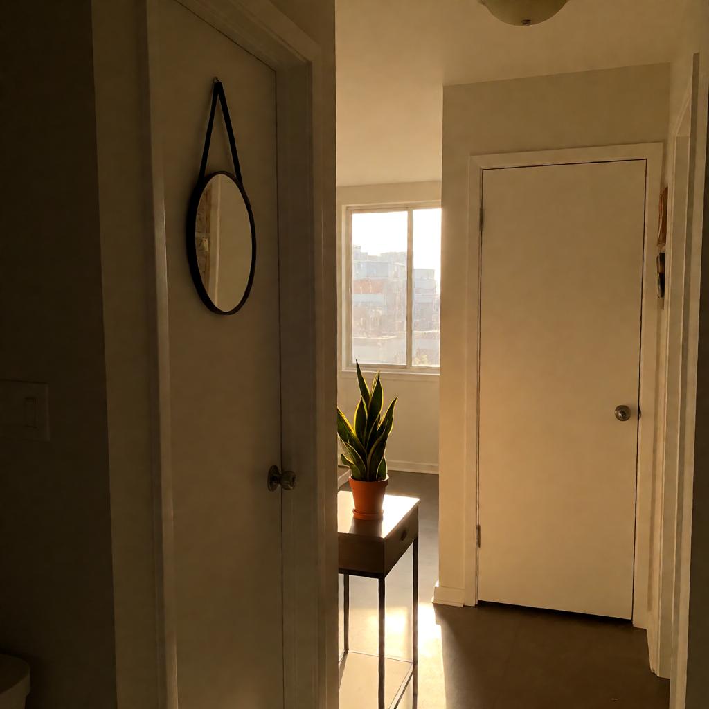 A narrow apartment hallway with a closed white bathroom door on the left and a closed white bedroom door on the right, a small round mirror hanging on the bathroom door, a small potted snake plant on a slim console table between them, warm afternoon light from a window at the end of the hall.