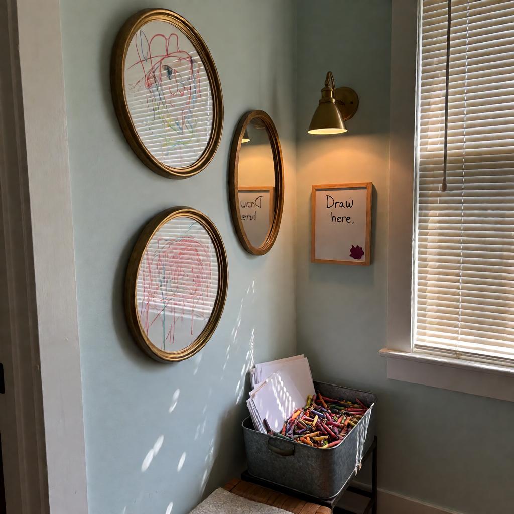 A hallway corner with a pale blue wall, two round brass frames displaying children's drawings, a small oval mirror, a metal bin of crayons and paper, and a warm brass sconce casting light on a tiny whiteboard that says 'Draw here.'