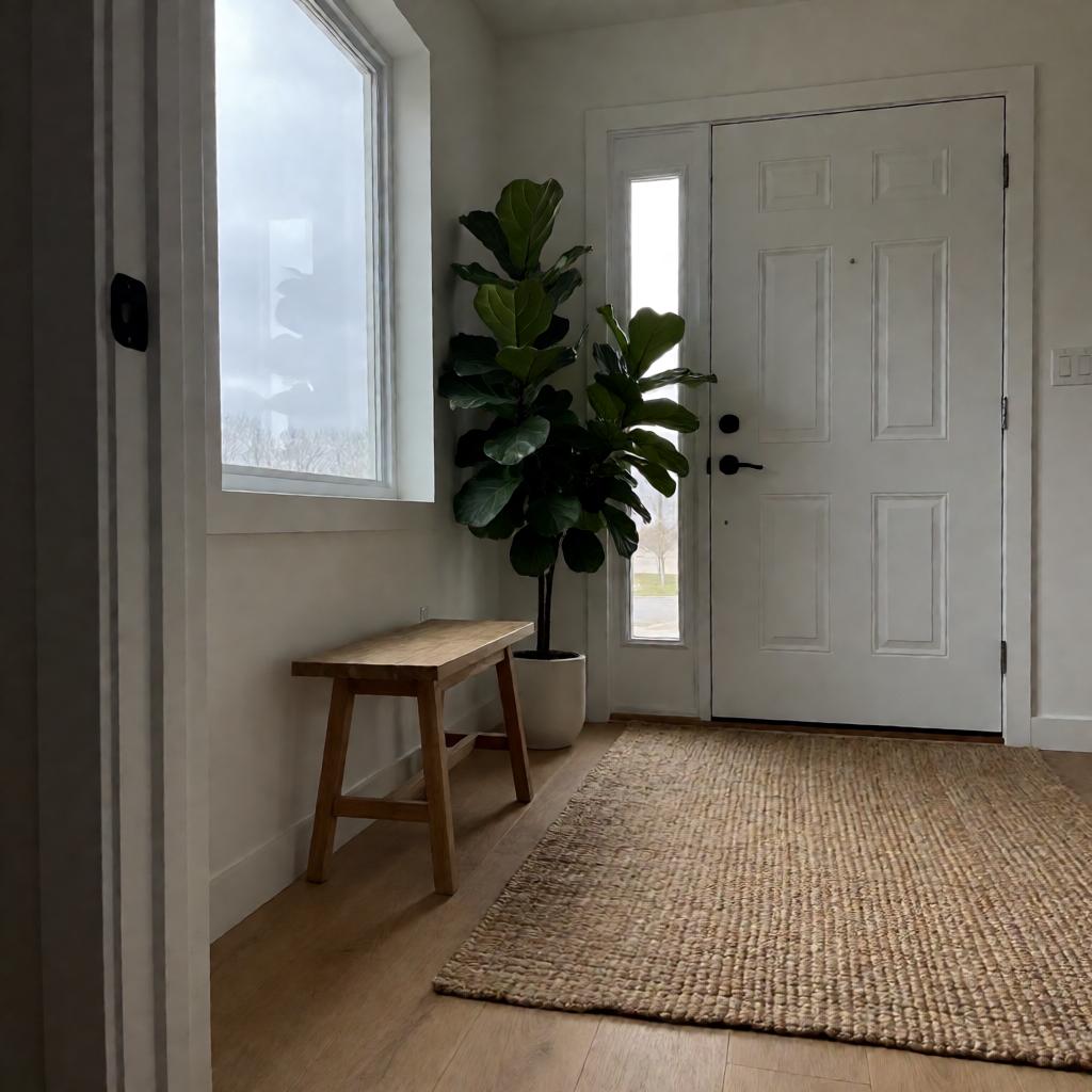 A slightly off-level smartphone photo of a bright entryway. A large fiddle-leaf fig plant sits about 2 meters from the wall, next to a small wooden bench facing the front door. Light oak flooring with a woven jute rug. Natural light from a side window. The doorframe is visible on the left edge. No people, no phones, no mirrors.