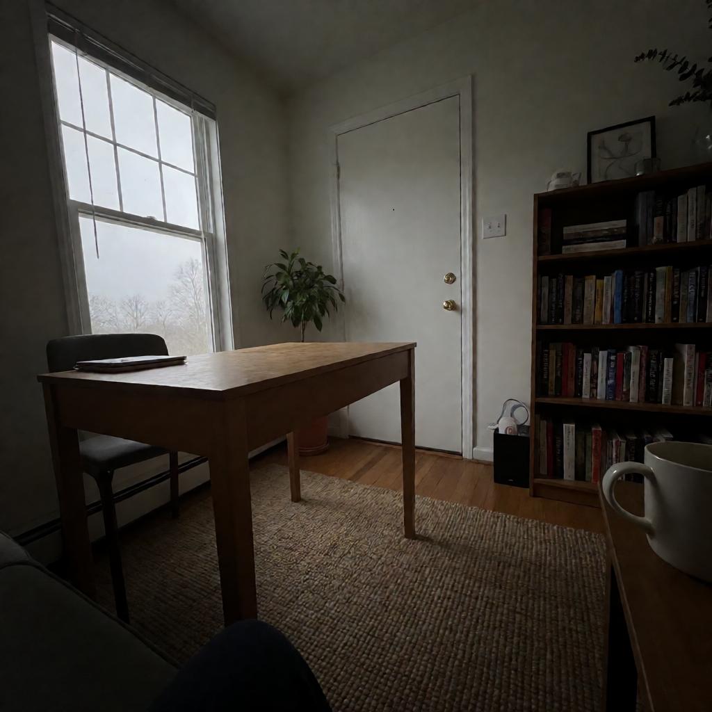 A home office with a wooden desk facing the door, a small potted plant on the corner, a woven rug underneath, and a bookshelf against the wall. Natural light from a side window. Slightly off-level smartphone photo, warm tones.