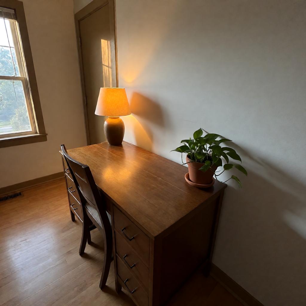 A slightly off-level smartphone photo of a home office corner. A wooden desk sits at an angle, facing the door. A small pothos plant in a terracotta pot sits on the right corner of the desk. A warm-toned lamp is on the left. The chair is pushed in. No people, no screens, no mirrors. Natural light comes from a window on the left side. The wall behind the desk is plain white. The floor is light wood. The photo has a slight warm tint, like an older iPhone.
