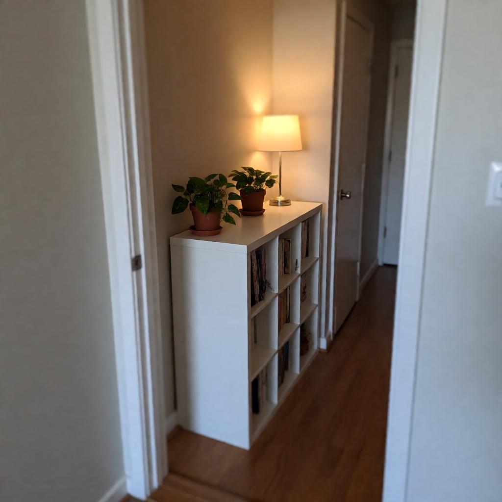 A narrow apartment entryway with a white 4x4 Kallax bookshelf placed perpendicular to the wall, breaking the sightline between the front door and the back door, with two small potted pothos plants on top and a warm table lamp, wood floor, slightly off-level smartphone photo with the doorframe edge in frame, natural afternoon light.