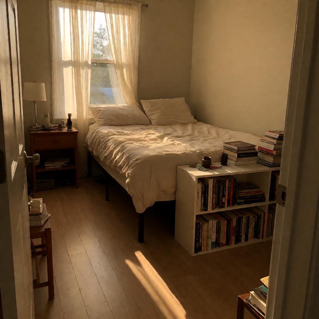 Small bedroom with queen bed centered on back wall, wooden nightstand with lamp on left, low white bookshelf on right, sheer curtains letting in morning light, pale wood floor, slightly off-level smartphone photo with warm tone